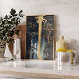 Golden Waterfall Wall Art, Abstract Oriental Nature Poster, Luxurious Gold & Navy Print For Modern Home Decor - thumbnail 3
