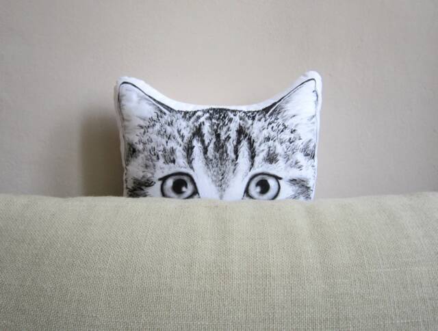 Hand-Painted Peekaboo Cat Pillow, Funny Tabby Home Decor - image 1