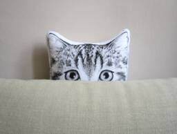 Hand-Painted Peekaboo Cat Pillow, Funny Tabby Home Decor - thumbnail 1
