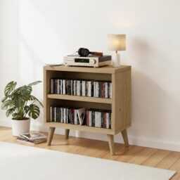 Mid-Century Modern Cd Storage Cabinet - Wooden Media Unit With 2 Shelves - thumbnail 2