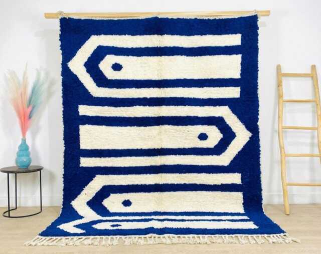 Royal Blue & Cream Arrow Stripe Moroccan Rug - Handmade Berber Shag Carpet Large Area Bold Cobalt Wool Decor - image 1