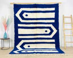 Royal Blue & Cream Arrow Stripe Moroccan Rug - Handmade Berber Shag Carpet Large Area Bold Cobalt Wool Decor