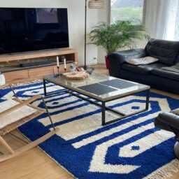 Royal Blue & Cream Arrow Stripe Moroccan Rug - Handmade Berber Shag Carpet Large Area Bold Cobalt Wool Decor - thumbnail 3