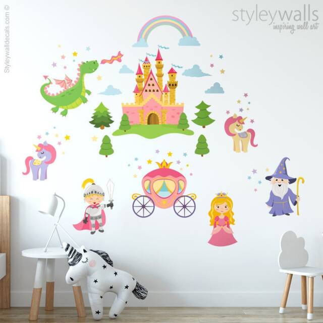 Princess Wall Decal, Fairy Tales Prince Knight Castle Dragon Carriage Girls Nursery Room Decor Art - image 1