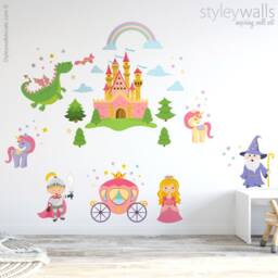 Princess Wall Decal, Fairy Tales Prince Knight Castle Dragon Carriage Girls Nursery Room Decor Art - thumbnail 3
