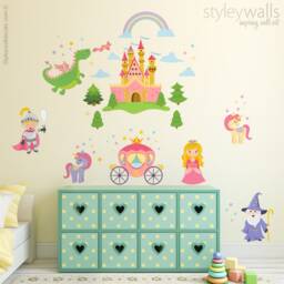 Princess Wall Decal, Fairy Tales Prince Knight Castle Dragon Carriage Girls Nursery Room Decor Art - thumbnail 2