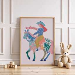 Cowgirl Horse Nursery Print - Western Wall Art Colourful Folk Style Children's - thumbnail 3