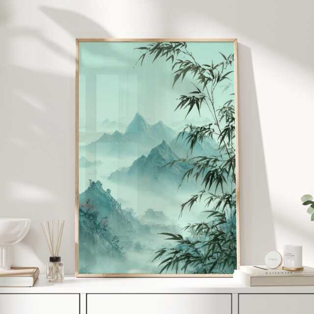 Whispers in Jade Mist Bamboo Mountain Landscape Print, Chinese Ink Style Wall Art, Serene Sage Green Decor, Japandi Poster - image 1