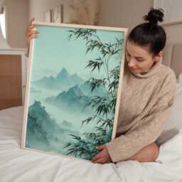 Whispers in Jade Mist Bamboo Mountain Landscape Print, Chinese Ink Style Wall Art, Serene Sage Green Decor, Japandi Poster - thumbnail 3