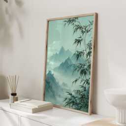 Whispers in Jade Mist Bamboo Mountain Landscape Print, Chinese Ink Style Wall Art, Serene Sage Green Decor, Japandi Poster - thumbnail 2