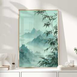 Whispers in Jade Mist Bamboo Mountain Landscape Print, Chinese Ink Style Wall Art, Serene Sage Green Decor, Japandi Poster - thumbnail 1