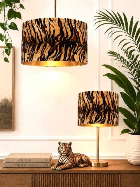 New Luxury Premium Quality Animal Bengal Tiger Faux Fur Realistic Skin Velvet Drum Shape Lamp Shade Pendant Light With Metallic Lining - image 1