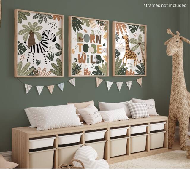 Set Of 3 Safari Animals Prints, Born To Be Wild Print, Giraffe Zebra Jungle Playroom Scandi Kids Art - image 1