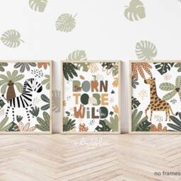 Set Of 3 Safari Animals Prints, Born To Be Wild Print, Giraffe Zebra Jungle Playroom Scandi Kids Art - thumbnail 3