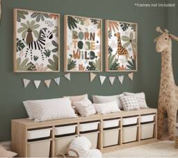 Set Of 3 Safari Animals Prints, Born To Be Wild Print, Giraffe Zebra Jungle Playroom Scandi Kids Art - thumbnail 1