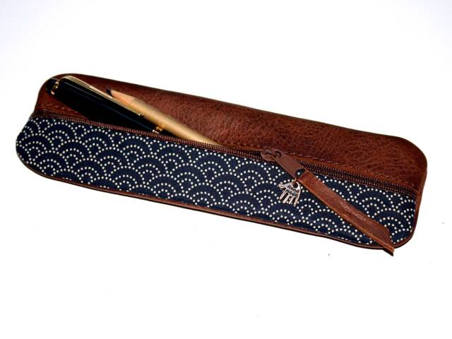 Leather Pencil Case, Brown Fabric, Waves, Japanese Design Handmade Case Unique Item Gift For University Or Office Elegant - image 1