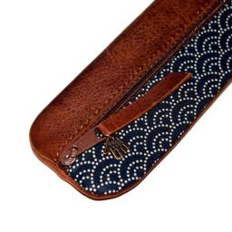 Leather Pencil Case, Brown Fabric, Waves, Japanese Design Handmade Case Unique Item Gift For University Or Office Elegant - thumbnail 3