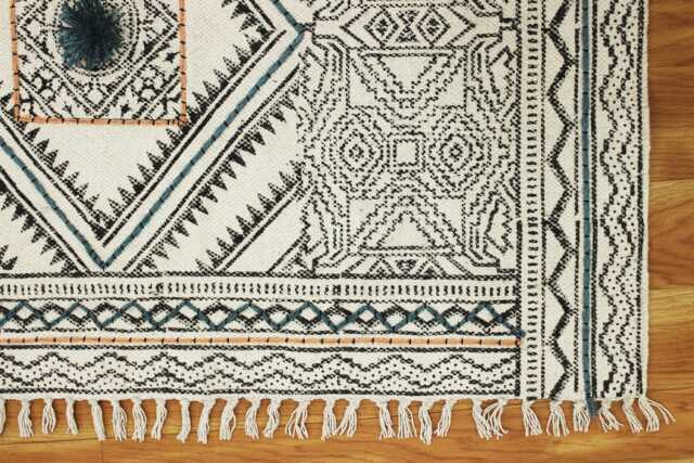 Block Printed Cotton Rug, Black & Blue Boho Kilim, Hallway Stair Runner - image 1