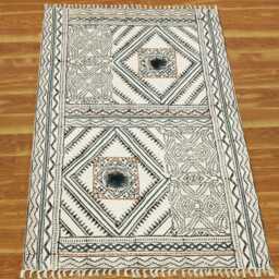 Block Printed Cotton Rug, Black & Blue Boho Kilim, Hallway Stair Runner - thumbnail 2