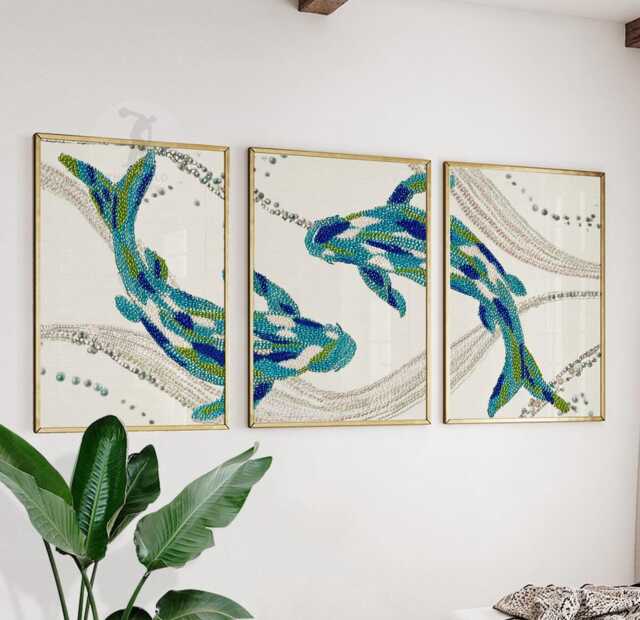 Blue Koi Fish Wall Art Set Of 3 - Embroidered Texture Style Prints Tranquil Teal Navy Artwork Elegant Decor For Living Room Or Office - image 1