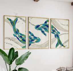Blue Koi Fish Wall Art Set Of 3 - Embroidered Texture Style Prints Tranquil Teal Navy Artwork Elegant Decor For Living Room Or Office - thumbnail 1