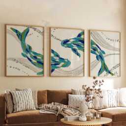 Blue Koi Fish Wall Art Set Of 3 - Embroidered Texture Style Prints Tranquil Teal Navy Artwork Elegant Decor For Living Room Or Office - thumbnail 3