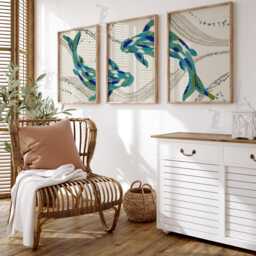 Blue Koi Fish Wall Art Set Of 3 - Embroidered Texture Style Prints Tranquil Teal Navy Artwork Elegant Decor For Living Room Or Office - thumbnail 2