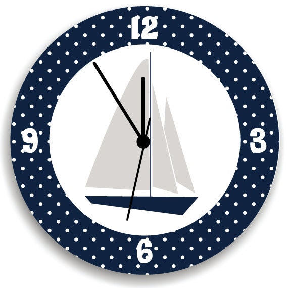 Sail Boat Wall Clock, Nautical Boys White Polka Dots Kids Clock - image 1
