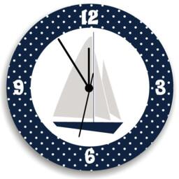 Sail Boat Wall Clock, Nautical Boys White Polka Dots Kids Clock - thumbnail 1