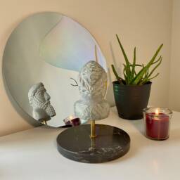 Hand Carved Stone Sculpture, Nordic Bust, Marble Base - thumbnail 2