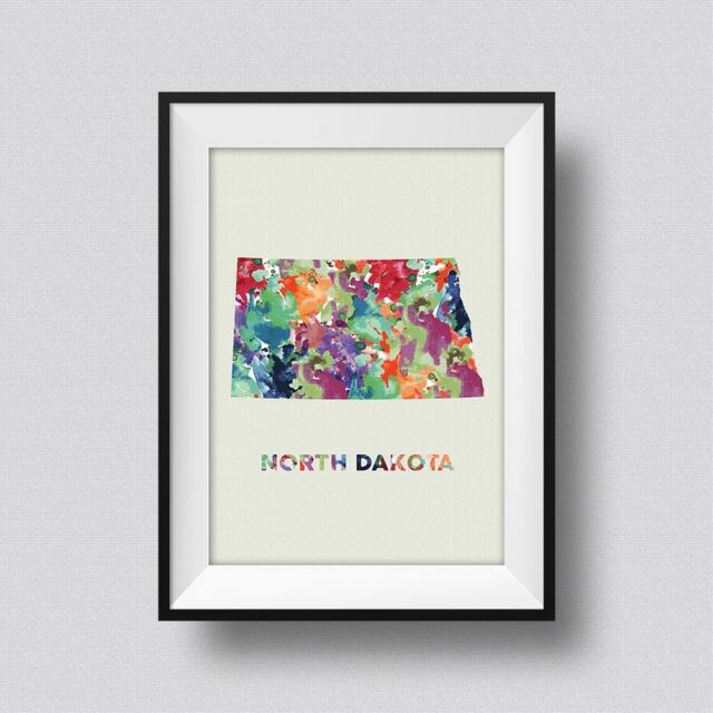 North Dakota Map Watercolor Usa Art Print Ink Splash Poster Canvas