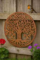 Handmade Tree Of Life Bronze Powder Coated Wall Art 60cm With Two Robinswall Indoors/Outdoors 60cmwall Plaque, Steel