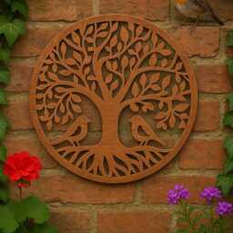 Handmade Tree Of Life Bronze Powder Coated Wall Art 60cm With Two Robinswall Indoors/Outdoors 60cmwall Plaque, Steel - thumbnail 2