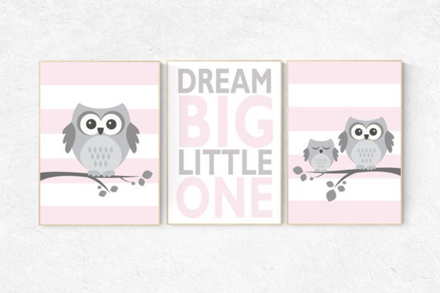 Owl Nursery Wall Art Pink Baby Girl Room Decor - image 1