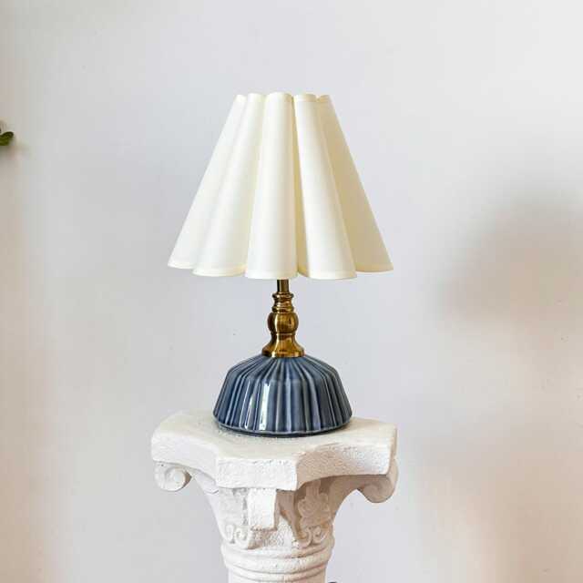 Handmade Classic Navy Ceramic Table Lamp 110-250V, Pleated Scallop Cream Tall Petal Shade Bedroom Living Room Kitchen Neutral Decor - image 1