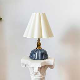 Handmade Classic Navy Ceramic Table Lamp 110-250V, Pleated Scallop Cream Tall Petal Shade Bedroom Living Room Kitchen Neutral Decor - thumbnail 1