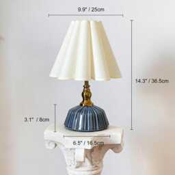 Handmade Classic Navy Ceramic Table Lamp 110-250V, Pleated Scallop Cream Tall Petal Shade Bedroom Living Room Kitchen Neutral Decor - thumbnail 2