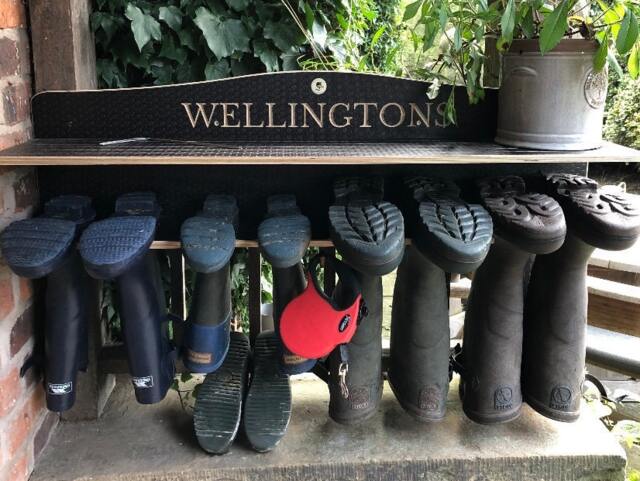 Welly Rack, Wooden Boot Holder, Wellington Storage, Shoe/Walking Boot Rack, Engraved Personalised Rack - image 1