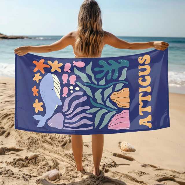 Marine Animal Personalized Beach Towel, Custom Name Towel For Baby/Kids, Preppy Girls Pool Kids Xmas Gift, Party Essentials - image 1