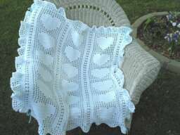 Crochet Baby Blanket Afghan Lacy Hearts & Satin Ribbons - thumbnail 1