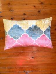 Handwoven Ikat Velvet Lumbar Pillow Cover Pink, Yellow, Beige - thumbnail 1