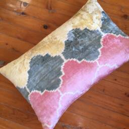 Handwoven Ikat Velvet Lumbar Pillow Cover Pink, Yellow, Beige - thumbnail 3