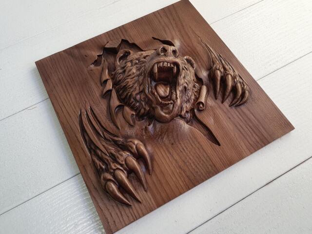 Angry Celtic Bear, Wood Carving, Viking Lord Of Woods, Wall Art, Hanging, Bear Decor, Carved - image 1