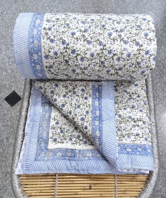 Indian Hand Block Print Cotton Quilt Reversible Floral Bedspread - 90x108 - image 1