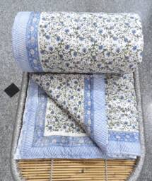 Indian Hand Block Print Cotton Quilt Reversible Floral Bedspread - 90x108 - thumbnail 1
