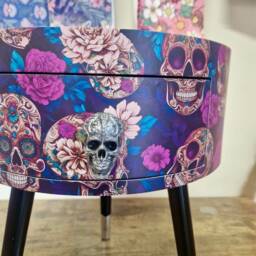 Skull Design Bedside Table. Purple & Black Skull Roses, Gothic Inspired Nightstand. Grey Floral Day Of The Dead End Table - thumbnail 2