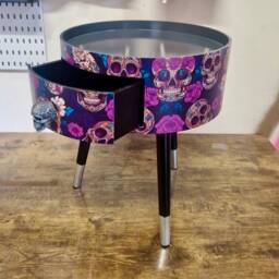 Skull Design Bedside Table. Purple & Black Skull Roses, Gothic Inspired Nightstand. Grey Floral Day Of The Dead End Table - thumbnail 4