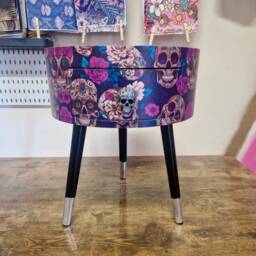 Skull Design Bedside Table. Purple & Black Skull Roses, Gothic Inspired Nightstand. Grey Floral Day Of The Dead End Table - thumbnail 3
