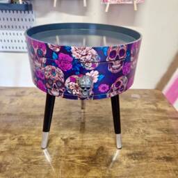 Skull Design Bedside Table. Purple & Black Skull Roses, Gothic Inspired Nightstand. Grey Floral Day Of The Dead End Table