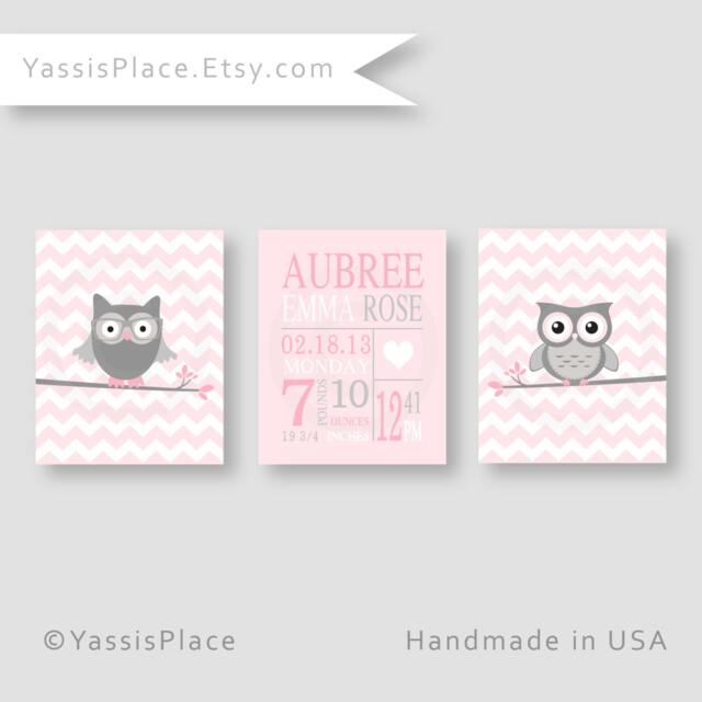 Owl Birth Stats, Pink & Gray Baby Girl Nursery Decor, Custom Subway Art, Birth Announcement, Pink Wall Art By Yassisplace - image 1